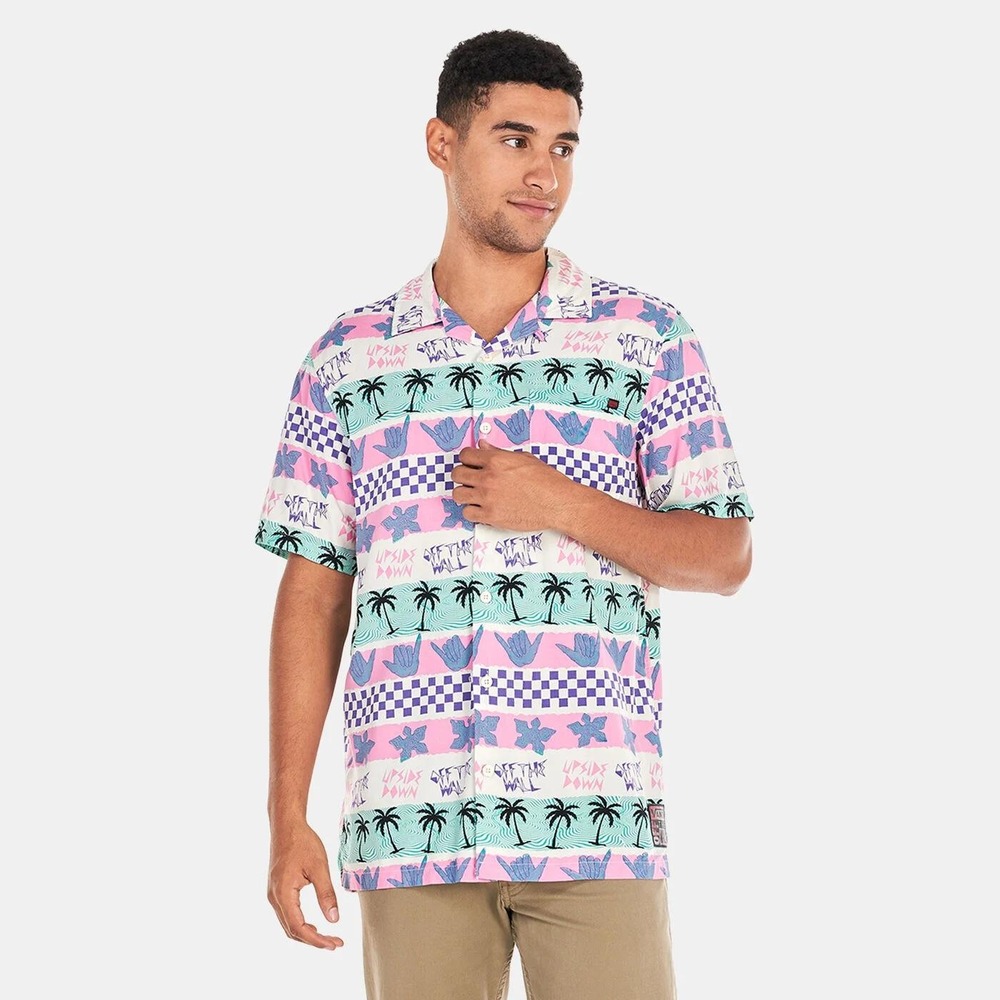 Vans x Stranger Things Mens Short Sleeve Button Down Shirt Graphic Pink Purple